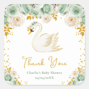Swan Sage Green Gold Roses Baby Shower Thank You Square Sticker