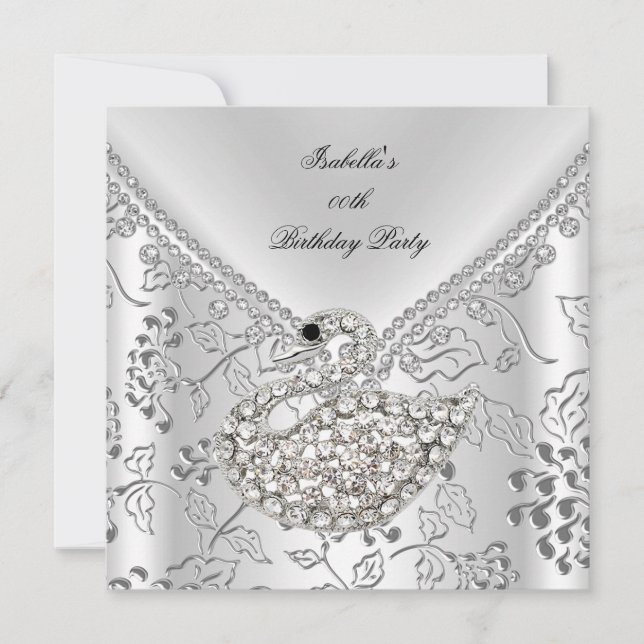 Swan Silver Damask White Elegant Birthday Invitation (Front)