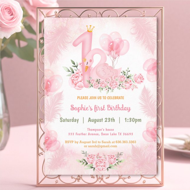 Swan Soft Floral Rose Pink White Girl 1st Birthday Invitation (Swan Soft Floral Rose Pink White Girl 1st Birthday Invitation)