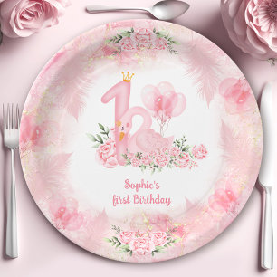 Swan Soft Floral Rose Pink White Girl 1st Birthday Paper Plate
