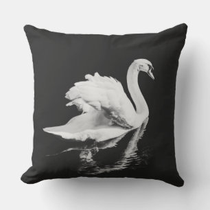 Swan Swimming Black and White Cushion
