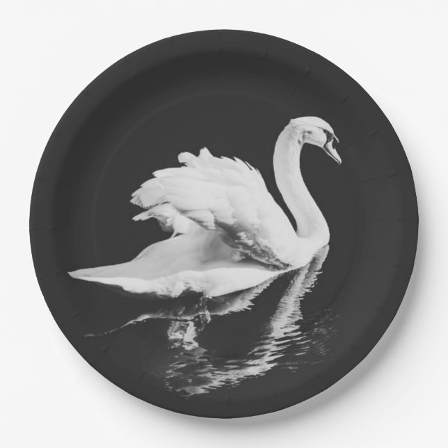 Swan Swimming Black and White Paper Plate (Front)