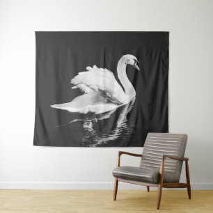Swan Swimming Black and White Tapestry