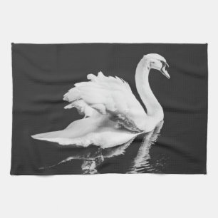 Swan Swimming Black and White Tea Towel