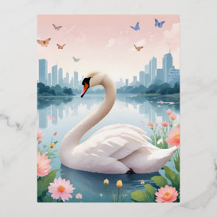 Swan Vintage Animal Nature Environment Decor City Foil Holiday Postcard