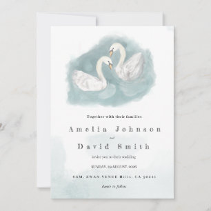 Swan watercolor themed elegant wedding invitation