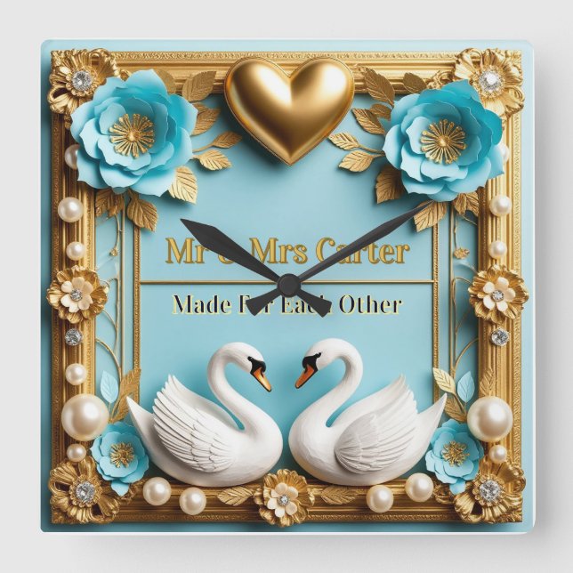 Swan Wedding Frame For Luxury Wedding Decor ✨ Square Wall Clock (Front)