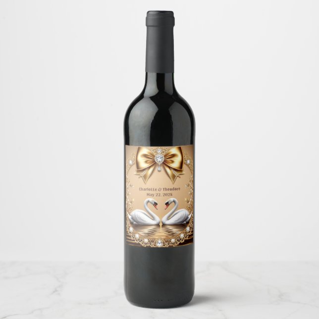 💎 Swan Wedding Gold Romantic Theme 🦢 Wine Label (Front)