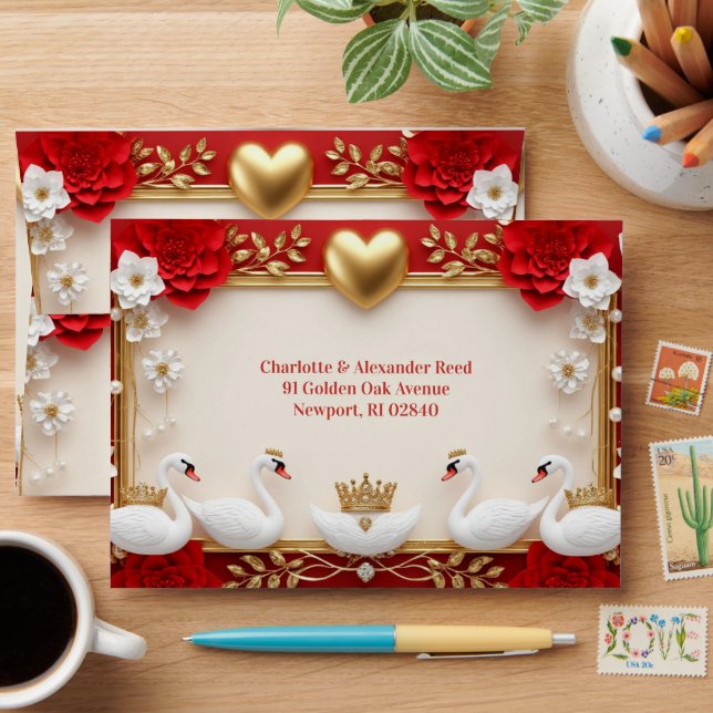 💎 Swan Wedding Pearls And Red Gold Frame 💖 Envelope (Desk)