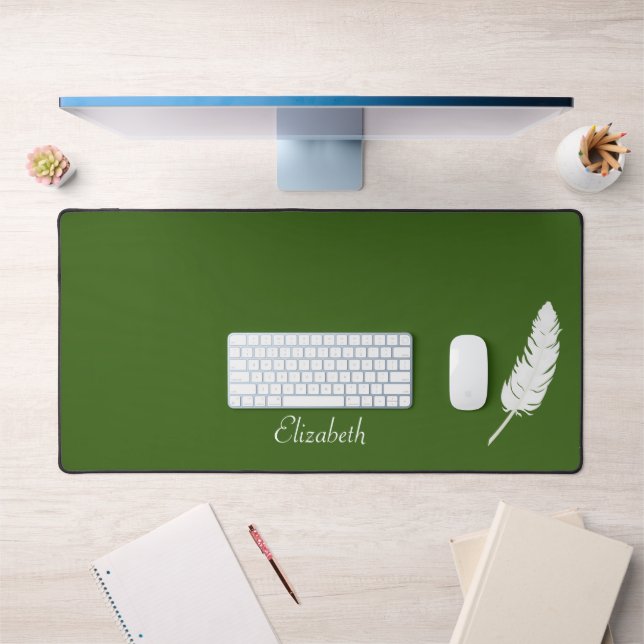 Swan White Feather & Script Calligraphy on Green Desk Mat (Office 1)