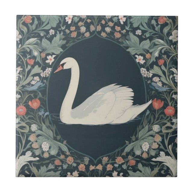 Swan William Morris style Left facing Floral Ceramic Tile (Front)