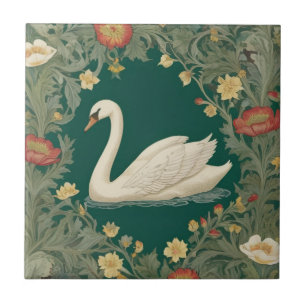Swan William Morris style Left facing Teal Green Ceramic Tile