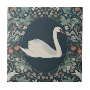 Swan William Morris style Right facing Floral Ceramic Tile