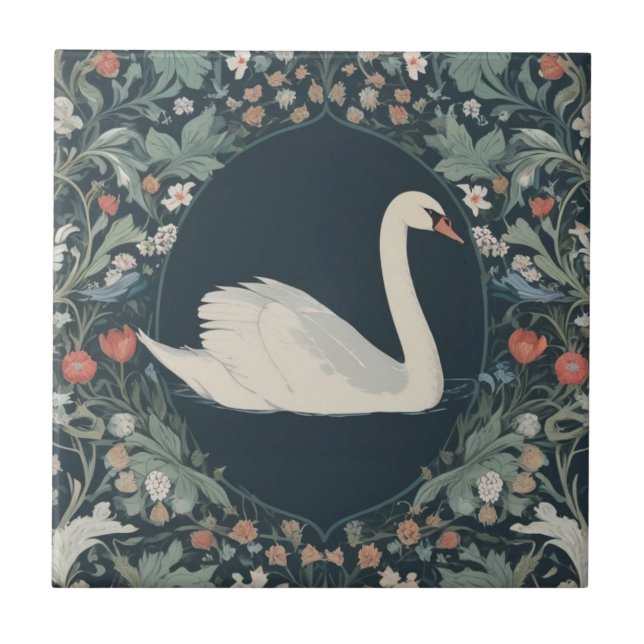 Swan William Morris style Right facing Floral Ceramic Tile (Front)