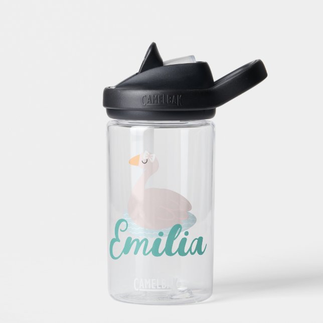 Swan with Bow Pink Name Kids Water Bottle (Left)