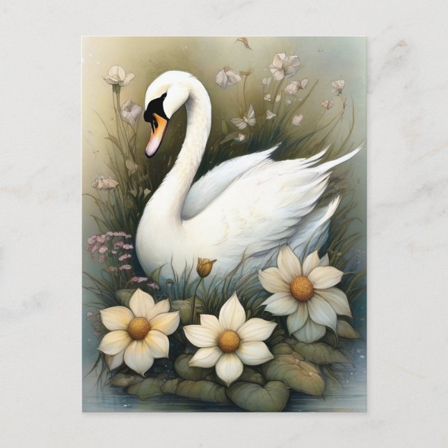 Swan with Flowers Postcard (Front)