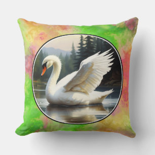 Swan with Outstretched Wings glides across Pond Cushion
