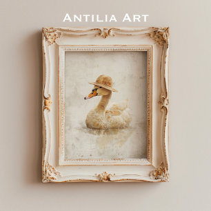 Swan with Straw Hat Painting Waterfowl Art Poster
