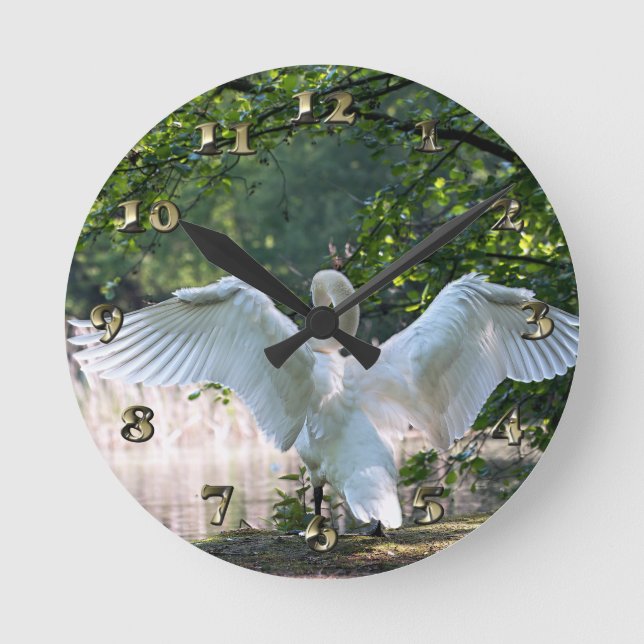 Swan with Wings Spread Round Clock (Front)