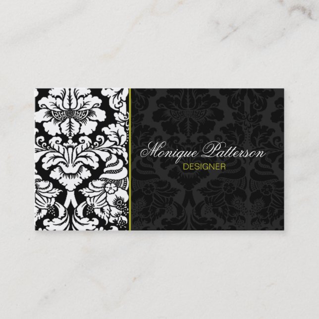 Swanky Sage #2 Black Damask Chic Business Card (Front)