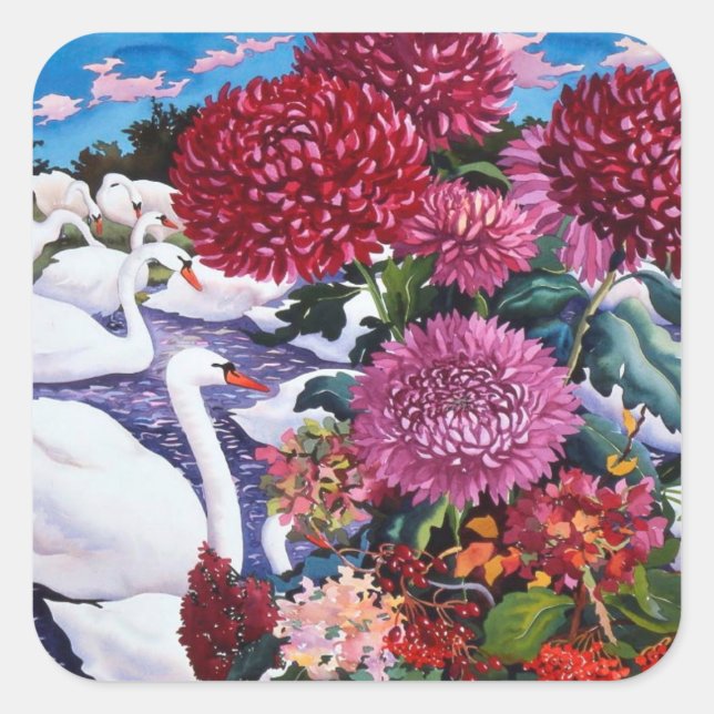 Swans and Chrysanthemums 2005 Square Sticker (Front)