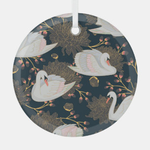 Swans and chrysanthemums, natural pattern. glass tree decoration
