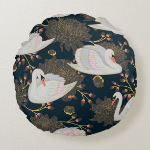 Swans and chrysanthemums, natural pattern. round cushion
