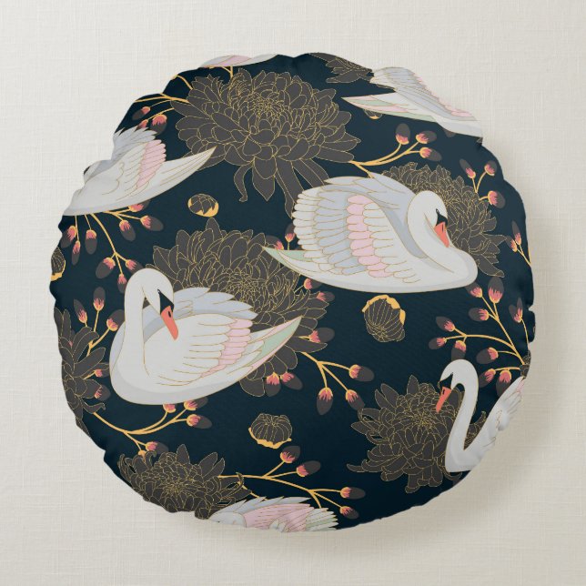 Swans and chrysanthemums, natural pattern. round cushion (Front)