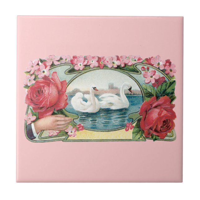 Swans and Roses Vintage Art Tile (Front)
