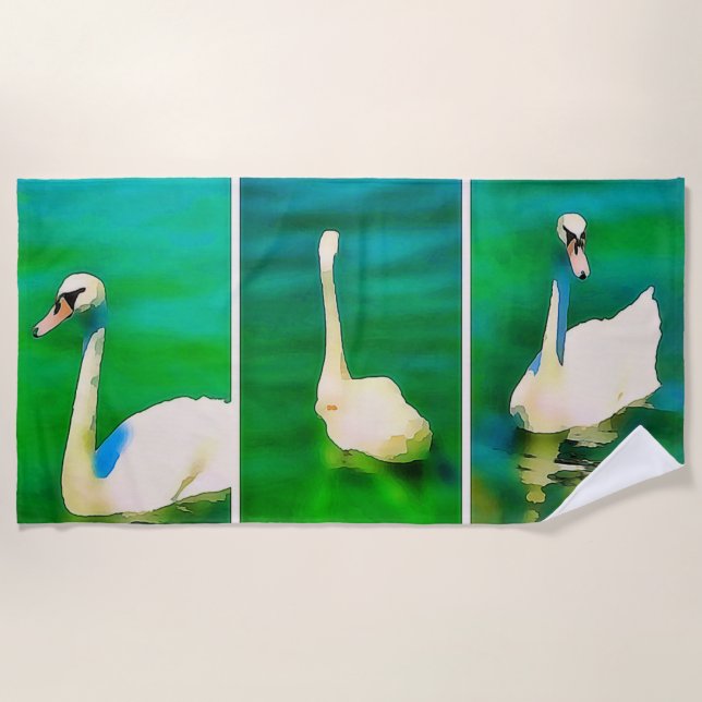 Swans at Lake Balaton – triptych Beach Towel (Front)
