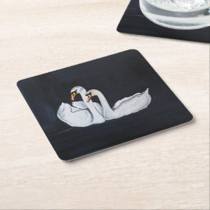 Swans at Night Painting by Alfred Fox Square Paper Coaster