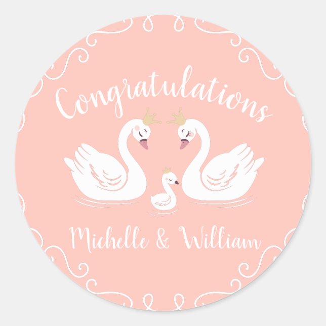 Swans Baby Shower Bird with Crown Co-Ed Peach Classic Round Sticker (Front)