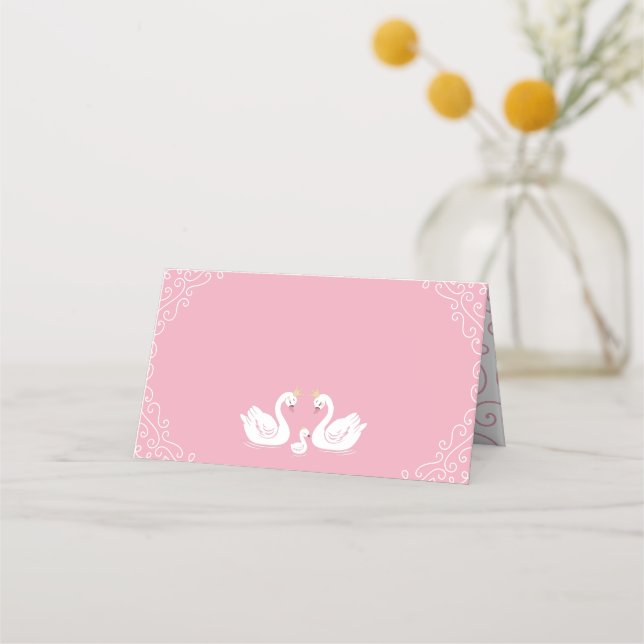 Swans Baby Shower Bird with Crown Co-Ed Pink Place Card (Front)