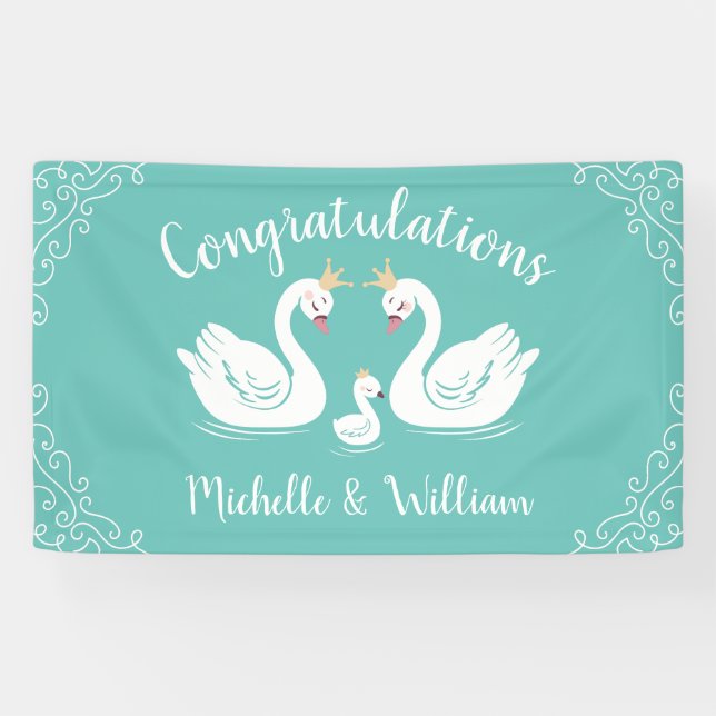 Swans Baby Shower Bird with Crown Co-Ed Teal Banner (Horizontal)
