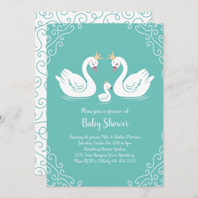 Swans Baby Shower Bird with Crown Co-Ed Teal Invitation (Front/Back)