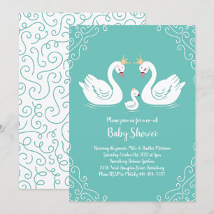Swans Baby Shower Bird with Crown Co-Ed Teal Invitation