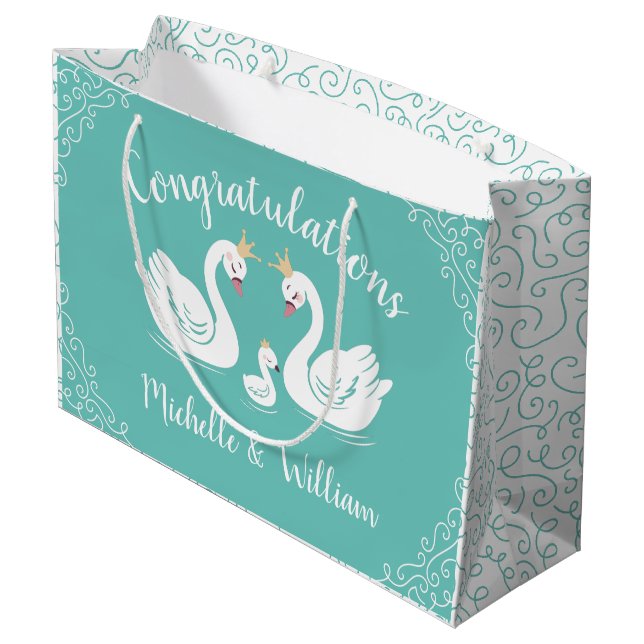 Swans Baby Shower Bird with Crown Co-Ed Teal Large Gift Bag (Back Angled)