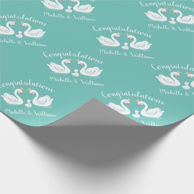 Swans Baby Shower Bird with Crown Co-Ed Teal Wrapping Paper (Corner)