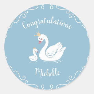 Swans Baby Shower Bird with Crown Theme Blue Classic Round Sticker