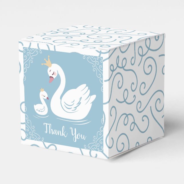 Swans Baby Shower Bird with Crown Theme Blue Favour Box (Front Side)