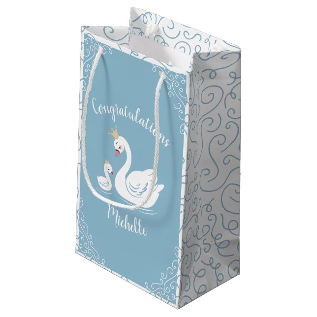 Swans Baby Shower Bird with Crown Theme Blue Small Gift Bag (Back Angled)