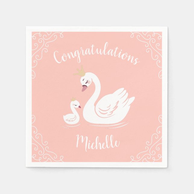 Swans Baby Shower Bird with Crown Theme Peach Napkin (Front)