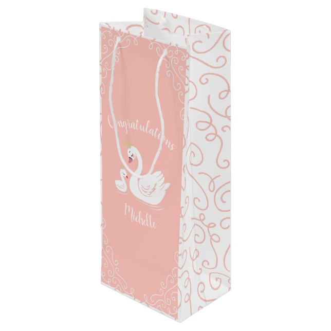 Swans Baby Shower Bird with Crown Theme Peach Wine Gift Bag (Back Angled)