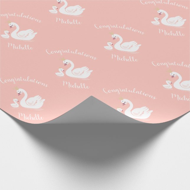 Swans Baby Shower Bird with Crown Theme Peach Wrapping Paper (Corner)