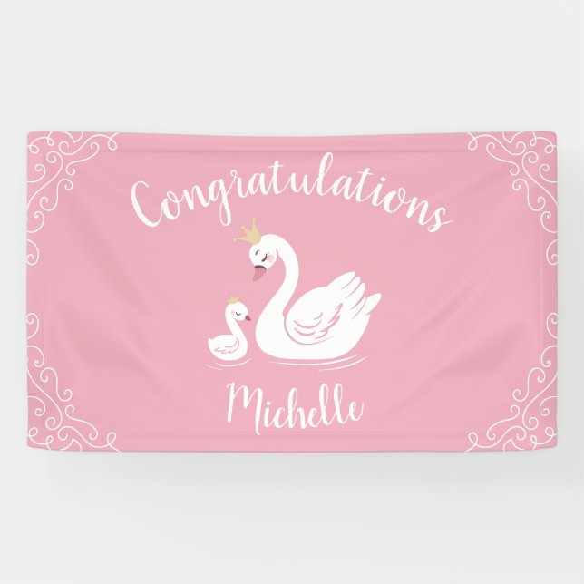 Swans Baby Shower Bird with Crown Theme Pink Banner (Horizontal)