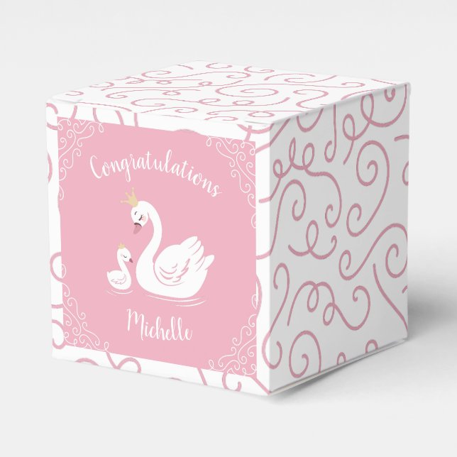 Swans Baby Shower Bird with Crown Theme Pink Favour Box (Front Side)
