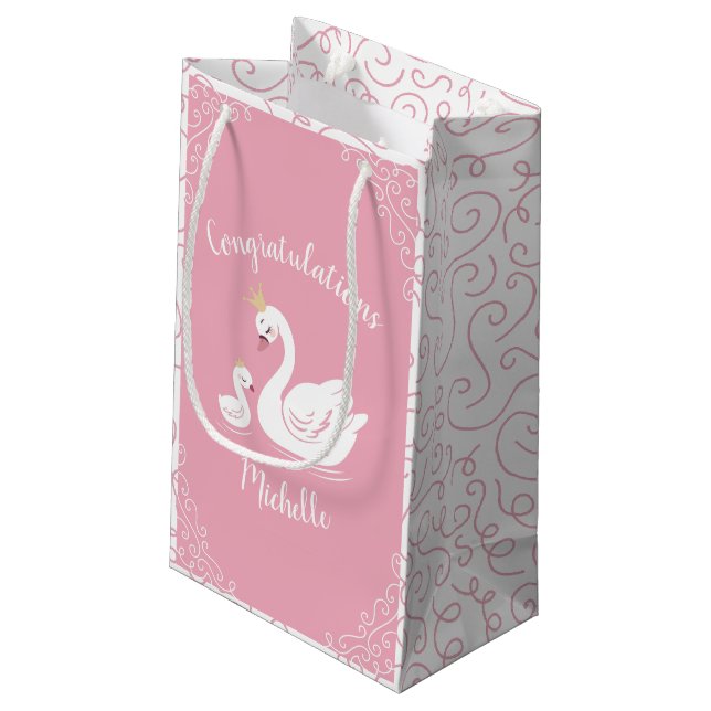 Swans Baby Shower Bird with Crown Theme Pink Small Gift Bag (Back Angled)