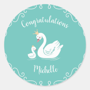 Swans Baby Shower Bird with Crown Theme Teal Classic Round Sticker