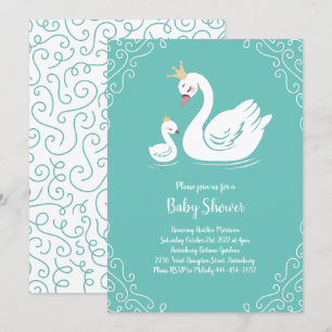 Swans Baby Shower Bird with Crown Theme Teal Invitation