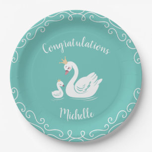 Swans Baby Shower Bird with Crown Theme Teal Paper Plate